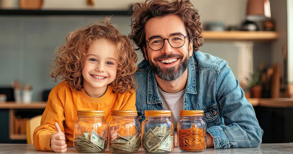 Een vrolijke vader en dochter genieten van hun spaargeld in potten
