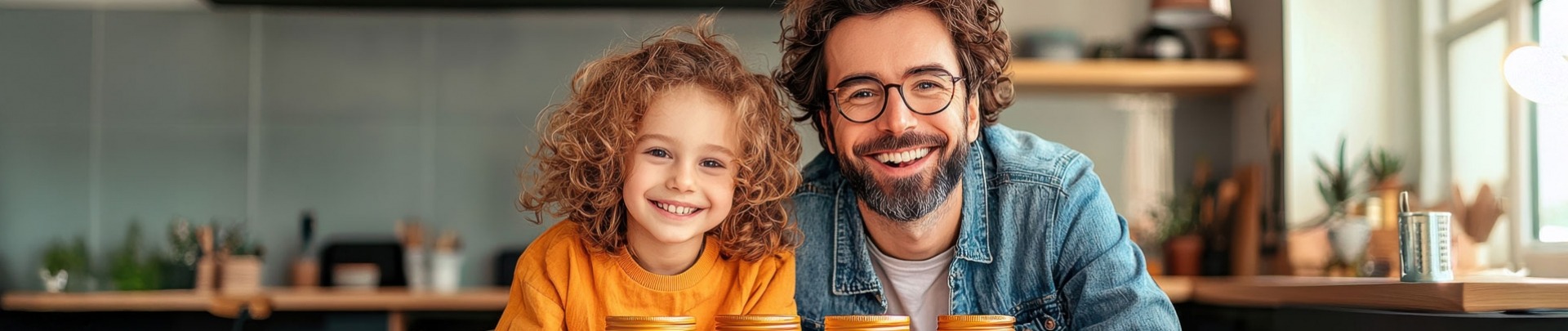Een vrolijke vader en dochter genieten van hun spaargeld in potten